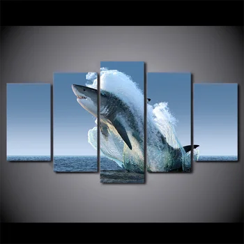 Beyaz Köpekbalığı Resim Modüler Resimler Atlama Ev Dekorasyonu Oturma Odası Duvar Sanat 5 Panel Baskılı Modern Tuval Çerçeveli Poster