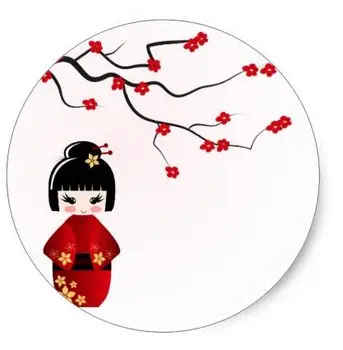 Sakura altında 1,5 inç Kokeshi bebek Şubesi klasik yuvarlak sticker