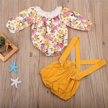 GEMTOT yeni Doğan Bebek Kız Prenses Çiçek Uzun Kollu Romper+ Sunsuit Tulum Elbise Kısa Pantolon Askılı