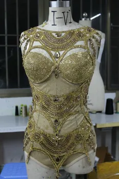 Rhinestone Payetler Elbise Etek Kostümleri Kadın Şarkıcı Dans Sahne Seksi Parlak Altın Gümüş Giyim Mayo seksi