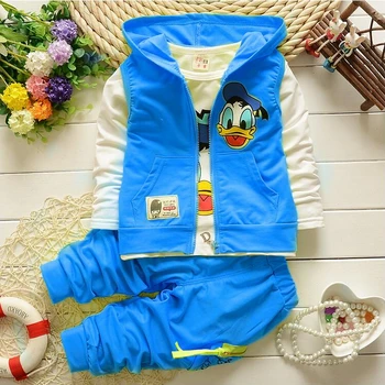 Perakende Yeni Kız Bebek Erkek Giyim Çocuk Karakter Kümeleri Donald Duck Pamuk Uzun Kollu Kapüşonlu + Gömlek +Pantolon Ceket