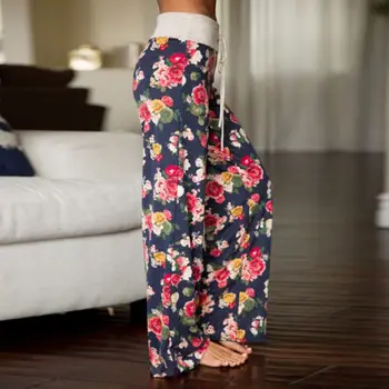 Uzun Pantolon Kadın İpli Geniş Bacak Gündelik Pantolon 2018 Yeni Baskılı Kemer Pamuk Giyim Pantolon Ev Tekstili Yüksek Bel Kadın
