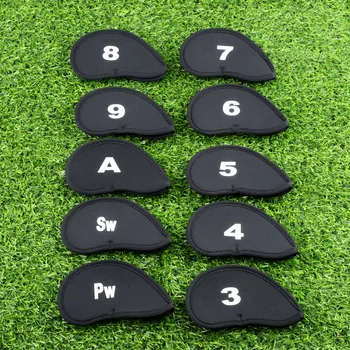 10 adet Siyah Golf Head Golf Club Demir Atıcı Kafaları Numaraları (3 4 5 6 7 8 9 PW SW A)ile Neopren Headcover Set Koruyucu Kapaklar