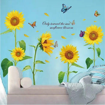Moda sarı ayçiçeği Duvar Sticker kırsal tarzı yeşil bitki kelebek dekoratif duvar çıkartmaları çıkarılabilir oturma odası poster diy
