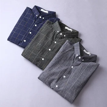 Uzun erkek Kore ince ilkbahar ve sonbahar trendleri pamuk gömlek erkek-ekose keten erkek marka katı gömlek erkek camisa kollu gömlek