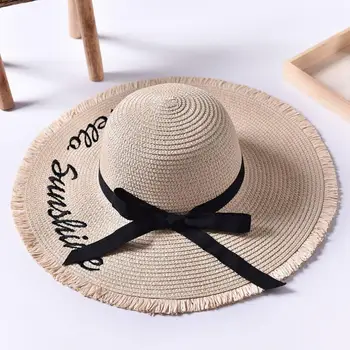 Kadın Siyah Kurdele İçin elişi Örgü mektup Yaz Güneş Şapkaları Plaj Şapkaları Chapeu Feminino Açık Büyük Ağzına Hasır Şapka Dantel