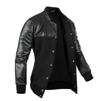 SICAK 2018 Autmn Kış Yaka PU Yamalı Dikiş tasarım Siyah Rüzgar geçirmez Ceket hırka Düğmesi Kaburga kollu Ceket Erkek M-XXXL