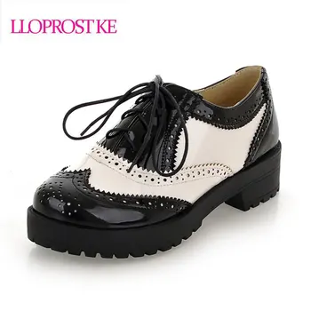 LLOPROSTKE kadın moda deri siyah beyaz renk dantel dans ayakkabıları rahat kadınlar dört mevsim oxfordlar ayakkabı japanned W053 pompaları