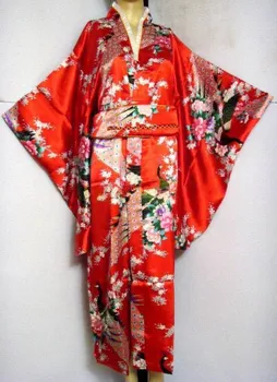 Sıcak Satış Kırmızı Vintage Japon Kadın İpek Saten Kimono ropa Mujeres japonesas Yukata Elbise Tek beden Ücretsiz Kargo H0029 tavus kuşları