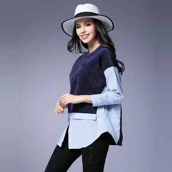 2017 Kadın Artı Boyutu Uzun Kollu Bluz Moda Kırkyama Yanlış İki Parça Şerit Üstleri Kadın İlkbahar ve Sonbahar Giyim L-4XL