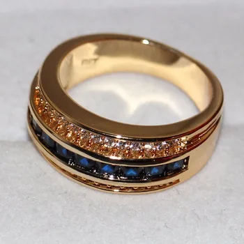 Victoria En iyi Marka Lüks Mücevher 10KT Altın Dolu Prenses Erkeklere Hediye İçin 5A Mavi Zirkon Taraf pırıl Pırıl Düğün Grup Halka Kesim