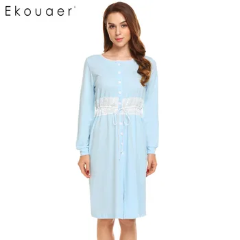 Ekouaer Kadın Vintage Uyku Elbise Kadın Sleepshirt Gecelik Uyku Salonu Elbise Uzun Kollu Dantel Yamalı Düğme Pijama
