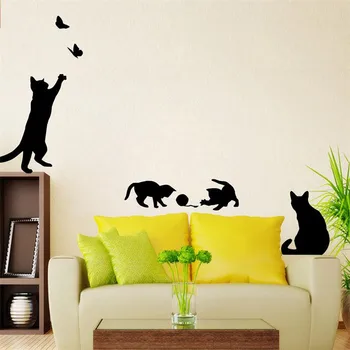 Top DİY komik Siyah Kedi Ailesi Oyun Kelebek Sıcak bir Ev Dekorasyonu Duvar Sticker Sevimli Çocuk Odası Çıkartma Hediye Mobilya Duvar Sanatı