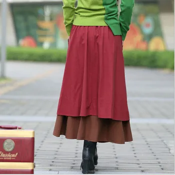 Sonbahar Kış Etek Kadın Yüksek Bel S198 Etekler Artı Boyutu Rahat Uzun Etek Pamuk Keten Vintage Maxi Etek,Saia,Uzun Pileli