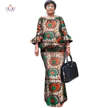 Kadınlar Bazin Riche için BRW African Balmumu Baskı Etek Setleri Artı Boyutu Geleneksel Afrika Giyim Dashiki İki Parça Etek WY1098 Ayarlayın