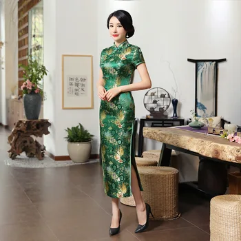 Yeni Yaz Yeşil Rayon Cheongsam Vintage Yüksek Kalite Çin Bayanlar Qipao İnce Kısa Kollu Yenilik Uzun Elbise XXXL C0136-C