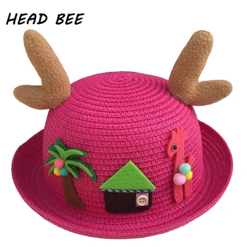 Kız [BAŞ ARI] 2018 Moda Güneş Şapka Çocuk Çizgi film Kulak Yaz Şapka ve Çocuk Güzel Plaj Kap Çocuklar Bitki Hasır Şapka