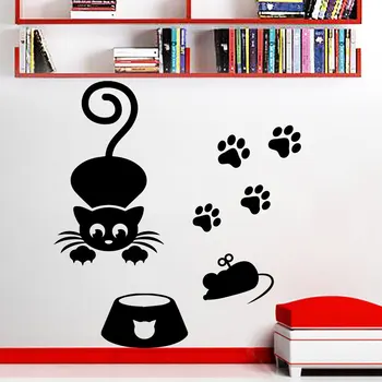 Kedi Fare Siluetleri Komik Duvar Çıkartmaları Ev Salon Şirin Dekor Özel Baskı İle Sanat Vinil Duvar Çıkartmaları Duvar Kağıdı Wm-445