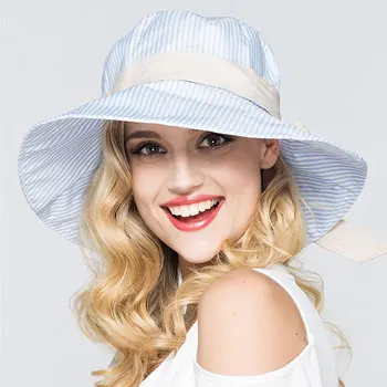 Kadın Kore Moda Kova Şapka Çizgili Hediye için Katlanabilir Mavi Beyaz Şapkası Avrupa ve Amerika Büyük bir Şapka Kadın