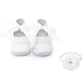 0-12 Ay İçin Delebao Saf Beyaz Dantel-up Vaftiz Vaftiz Bebek Kız Prenses Ayakkabı + Vaftiz Saç Aksesuarı