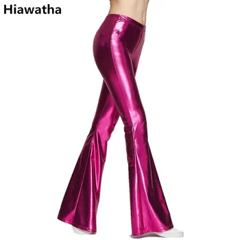 2017 Hiawatha Avrupa Amerikan Flare Pantolon Kadın Katı Renk PU Deri Pantolon Moda Elastik Bel Geniş Bacak Pantolon JST020