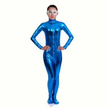 Ensnovo Naylon Lycra Parlak Metalik Mavi Yaka Badi Giyiyorsun Kadın Tam Vücut Özel Deri Elbise Cosplay Kostüm Parti