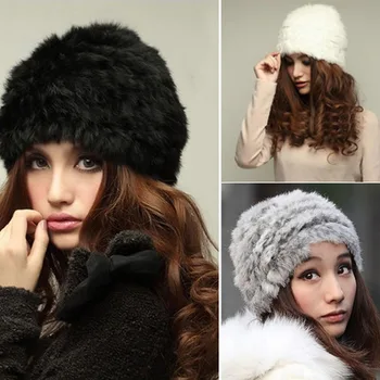Moda Rus Bayan Tavşan Kürk Kap Kadın Kış Sıcak Bere Şapka Örme