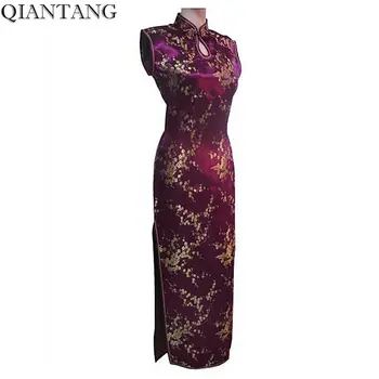 Moda Bordo Yaz Çinli Kadın Saten Yular Cheongsam Mujeres Vestido Uzun Qipao Elbise Çiçek S M L XL XXL XXXL J3037