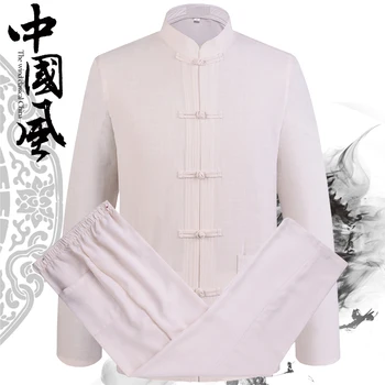 Geleneksel Çin Erkekler Uzun Tang takım Elbise Setleri Mandarin Yaka Kol Kung Fu İnce Artı Boyutu 3XL Fit Erkek Gömlek ve Pantolon takım Elbise