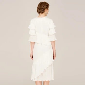 YİGELİLA Marka 62329 en Son Kadın Beyaz Fırfırlı Elbise Moda O-boyun Flare Elbise Uzun Kollu