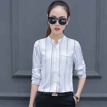Sonbahar İlkbahar Bayan Moda Şifon Bluz Artı Boyutu S-3XL yepyeni Uzun Kollu Kadın Beyaz Gömlek Çizgili