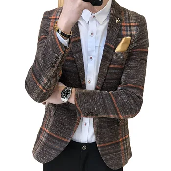 7X005 Tasarımcı Blazer Ceket takım Elbise Slim Fit Kore Erkek Moda Erkek Ekose Blazer Tweed Düğmesi Erkek Casual Mont Ceket Mens