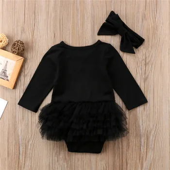 Güzel Bebek Kız Pamuk Romper 2018 Yeni Moda Yeni Doğan Bebek Kız Siyah Tutu Romper Elbise Sıcak Satış Uzun Kollu Tulum+Saç Bandı