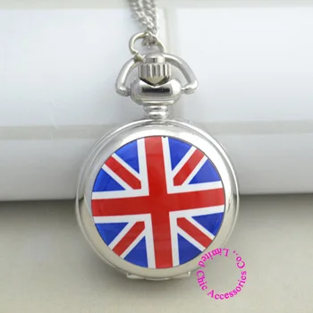 İngilizce İngiltere İngiltere İNGİLTERE bayrağı cep saati kadın Bayan kız kolye saat Gümüş moda antibrittle emaye ayna