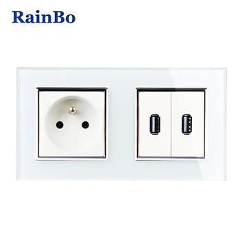 RainBo Fransa Standart Priz+USB yuvasına USB Çıkış Cam Panel Duvar Güç Akıllı Priz Ücretsiz Kargo A28F82USW/B