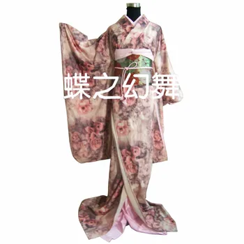 Japon Geleneksel Kadın Gül Çiçek Furisode Kimono Cosplay Kostüm