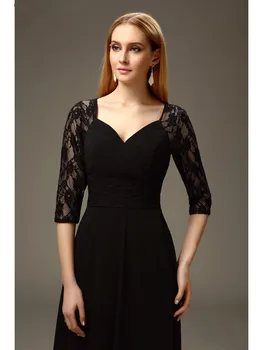 Gelinin siyah 2018 Anne boyun 3/4 Kollu Dantel Şifon V-line-Elbiseler Uzun Zarif Damat Anne Düğün Elbiseleri