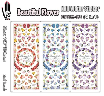 1 (3 TASARIMLAR Tırnak Sanat Süslemeleri için HOT052 3 Sayfa/Sürü Çivi-048 Güzel Çiçek Tırnak Sanat Şal Su Transferi Çıkartma
