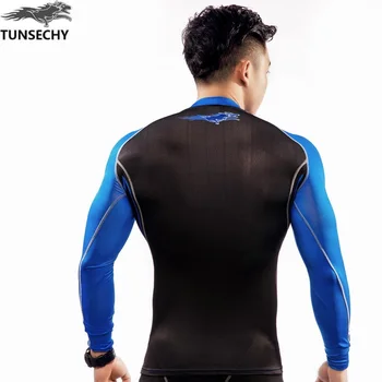 T-Açık spor fitness sürme gömlek TUNSECHY marka siyah desen baskı erkekler uzun T-shirt moda T-shirt kol üstleri
