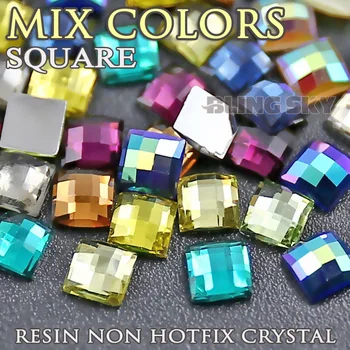 Karışık Renkler Kristaller Tırnak 5.2 4x4 6x6mm Kare Akrilik Reçine Taslar Olmayan Düzeltme Düz sırt parlayan mücevher Taşları DİY
