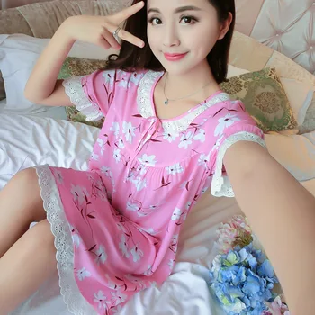 Kadın Gecelikler Pijamalar Rahat Gece Elbiseleri Yaz Artı boyutu Kısa Kollu Baskı Gevşek Geceliği Ev Elbise L XL XXL Q4
