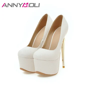 ANNYMOLİ Kadınlar, Aşırı Yüksek Topuklu Pompalar Platform Düğün Ayakkabısı Beyaz Stiletto Seksi 33-46 16 cm Topuklu İlkbahar Ayakkabı Pompalar Gelin