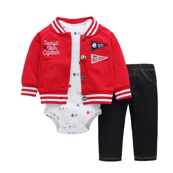 2018 Yeni kırmızı çocuk giysileri Pamuk Ceket+pantolon+bebek romper Sonbahar Kış 6~24 ay bebek erkek Badi ayarlar giysi setleri