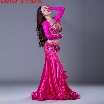 Lüks Kızlar Dans Kostümleri Oryantal Uzun Sütyen+Dantel Etek 2 adet Oryantal Dans Elbise Kadın Balo Salonu Dans Set Dans Elbise Kollu