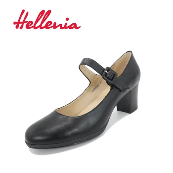 Hellenia Kadın ayakkabı siyah ofis Bayan ayakkabı elbise moda pompalar parti ayakkabı orta Topuk deri çorap PU Deri ayakkabı Deri PU