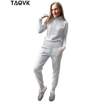 TAOVK kış Yün ve Kaşmir iki sıcak Elbise yüksek Yaka Kazak + Vizon Kaşmir Pantolon gevşek tarzı parça set örgü Örme