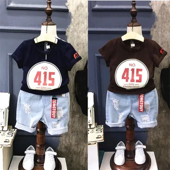 Yaz Alfanümerik Moda Pamuk Bluz + Köşe Kot Moda Set 2017 Erkek Giyim 2 adet Çocuk Kıyafetleri takım Elbise Şort