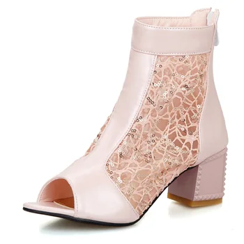 2018 moda kadın yaz çizmeler seksi peep toe dantel ayak bileği bot Bayan kare yüksek topuklu rahat ayakkabı parti ayakkabı kadın zıp