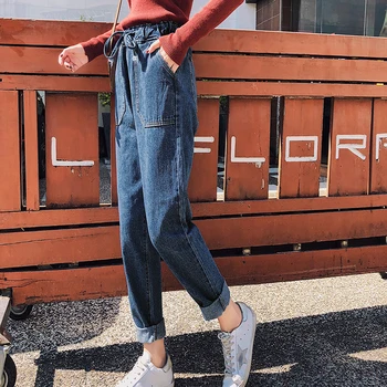 Kore stil kadın kalem pantolon yeni 2018 ilkbahar sonbahar yeni gevşek kot pantolon kadın yüksek bel ayak bileği uzunlukta kot pantolon S M L XL