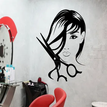 Kız Güzellik Salonu Duvar Çıkartması Çıkartmalar Kuaför Makas Berber Dükkanı İç Çıkarılabilir Glamour Kadın DİY Vinil Saç Kesim